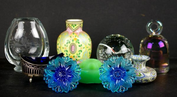 9-PIECE VINTAGE GLASS GROUP: including a miniature Murano vase, enameled cased glass vase, sulfide paperweight with bird, jadeite flower frog, French salt with cobalt liner, pair of blue Sandwich tie backs, etc., tallest 5in. The