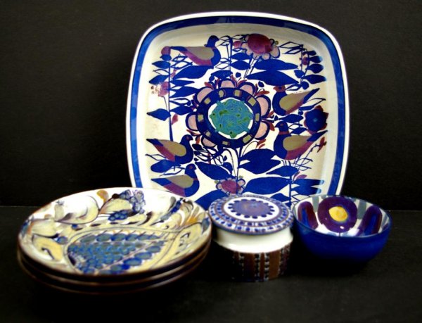 6 PIECES KARI CHRISTENSEN ROYAL COPENHAGEN FAIENCE: includes three 8" shallow bowls, a 2" covered box, a 4" bowl, and a 10" square bowl, all marked Denmark with beehive mark and initialed KC by the artist