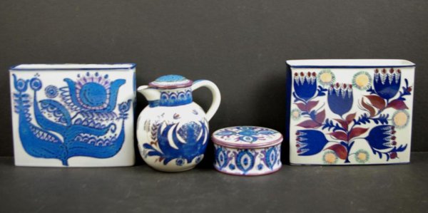 4 PIECES BERTE JESSEN ROYAL COPENHAGEN FAIENCE: includes two 6" square vases, a 5" teapot, and a 2" covered box, all marked Denmark with beehive mark and initialed BJ by the artist