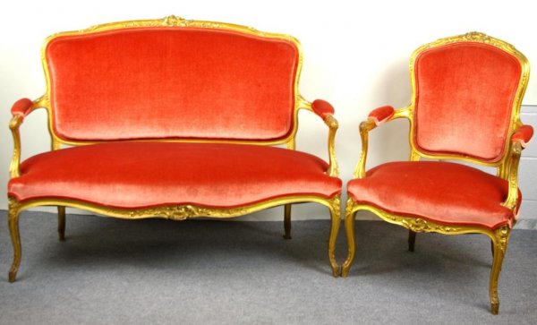 TWO-PIECE SALON SET: including a 49" settee and matching bergere, upholstered in salmon velour with gilt wood trim