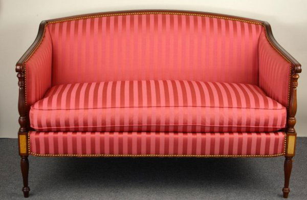 PAIR OF SHERATON-STYLE HICKORY CHAIR SETTEES: Historical James River Plantation Collection, cranberry damask upholstery, nailhead trim, burlwood inlay, 53in.