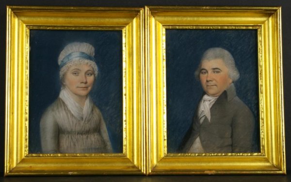 JAMES SHARPLES (American, 1751-1811): "A Pair of Portraits - Mr. and Mrs. Joseph Corre", pastels on paper, c.1790, labels of Kennedy & Co. Rare Prints, New York, each 9x7in. Joseph Corre was born in Montpelier France on May 26, 1748 and d
