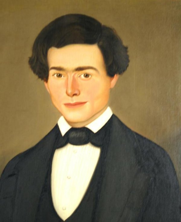 ATTRIBUTED TO WILLIAM KENNEDY (Amer. 1818-1871): "Portrait of Young Mr. Beach", oil on canvas, inscribed in pencil on wood stretcher purportedly reading: "Mr. Beach strickend (sic) in China at (indistinct); sailed home and died as he got to NY on th