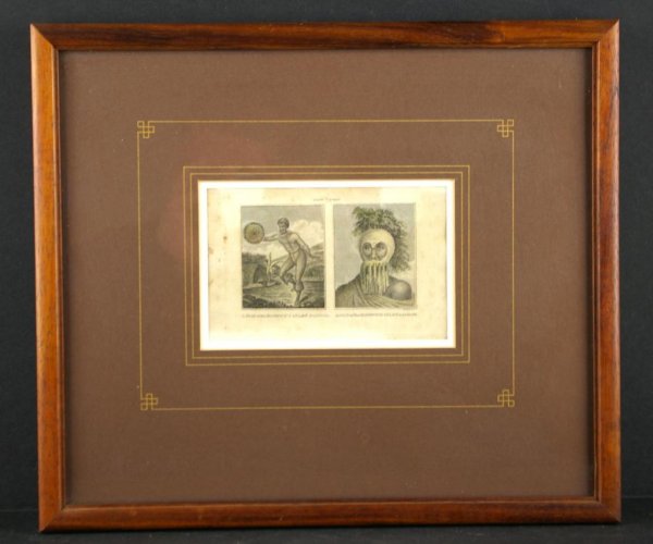 SEVEN ASSORTED ARTWORKS: including "Man of Sandwich Islands Dancing & In A Mask" after "Cook's Voyages" folio plates by John Webber (each image 3x2in., certificate attached verso), a double-glass framed artwork appearing to b