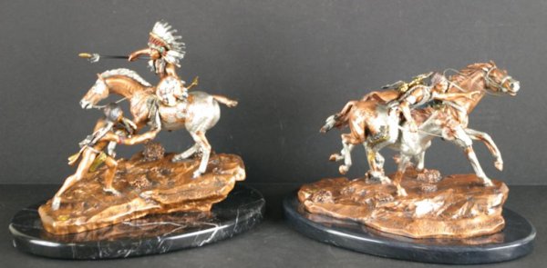 TWO C.A. PARDELL LEGENDS SCULPTURES: including "American Horse Takes His Name" 841/950, 7in., and "First Coup" 26/950, 8.5in., in mixed metals, "First Coup" with certificate of ownership