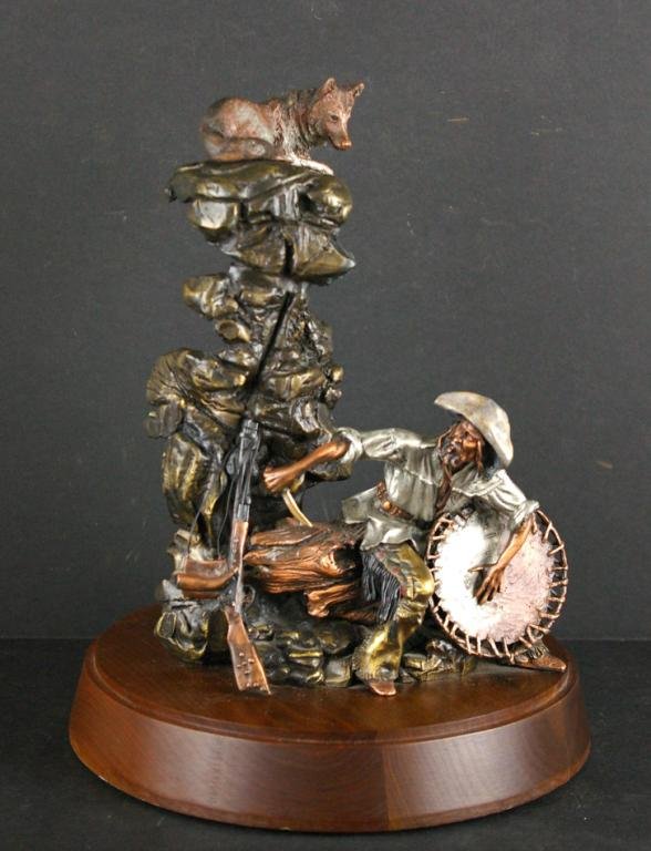 DAVID LEMON SENSED, BUT UNSEEN LEGENDS SCULPTURE: mixed metal, marked "Lemon AICA / 1994 / Legends / 123/350 / U.S.A.", 11in., on moveable pedestal base, overall 13in., with certificate of ownership