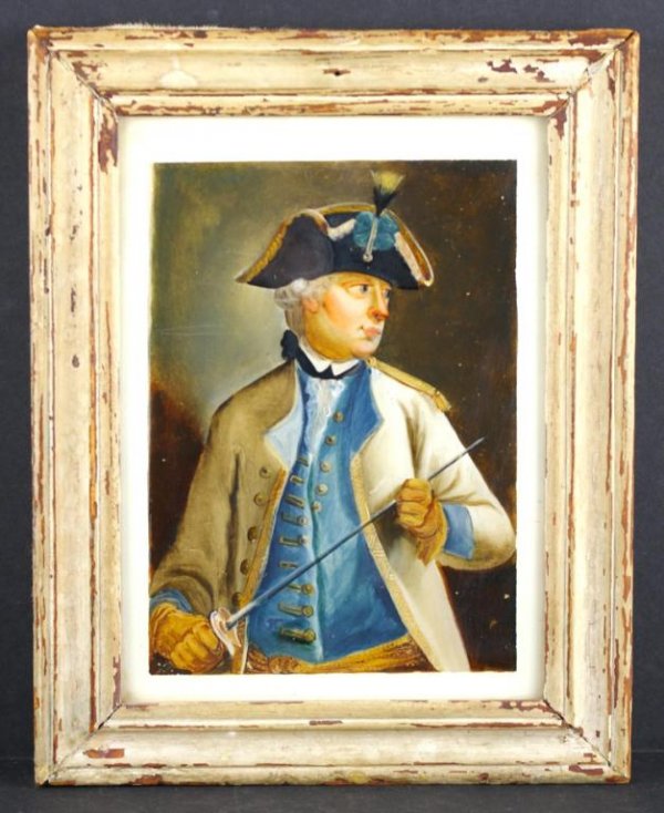 REVERSE PAINTING ON GLASS OF A CONTINENTAL OFFICER: posed with a dress sabre, cream jacket and feathered hat, 9x6in.