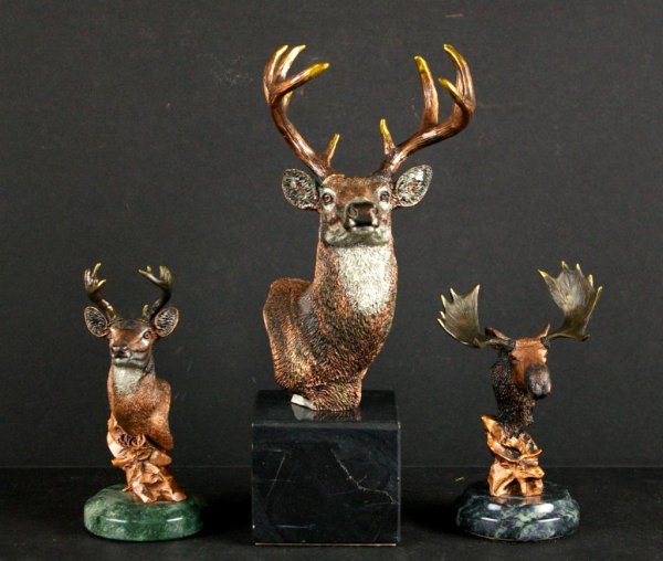THREE KITTY CANTRELL LEGENDS ANIMAL SCULPTURES: including "Northern Express" 101/2500, 5.5in., "Elusive" 101/2500, 5.5in., and "Big Pine Survivor" 333/950, 8.5in., in mixed metals, all with certificates of ownership