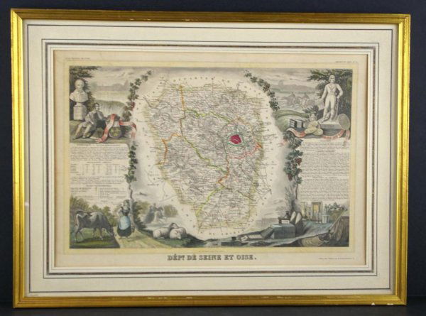 TWO ANTIQUE FRENCH HAND-COLORED ENGRAVED MAPS: from Atlas National Illustre', one depicting the Ain region of France, the other the general areas of Paris and the Seine river, detailing the areas boundaries, vital statistics and commerce, both wit