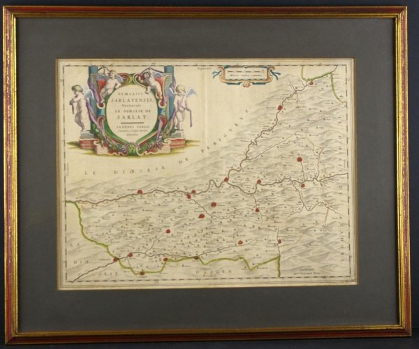 TWO ANTIQUE FRENCH HAND-COLORED ENGRAVED MAPS: both depicting early Catholic Dioceses, one of Sarlat, the other Toulouse, largest 18x26in.