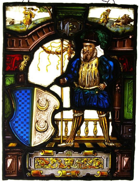 FIVE MEDIEVAL-STYLE STAINED & LEADED GLASS PANELS: the three smallest bearing a makers mark of two circles above a cross, some glass cracks, largest 13x10in. The Knoop Collection