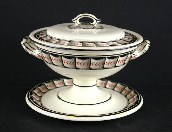 SPODE EARLY CREAMWARE TUREEN: twin-handled with cover and underplate, circa 1800, impressed mark to base, overall 6x8in. Knoop Collection