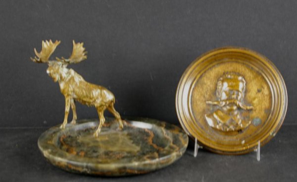 2-PIECE BRONZE GROUP: including a 6" plaque of a mustached gent, and an 8" onyx desk tray with mounted Austrian bronze moose
