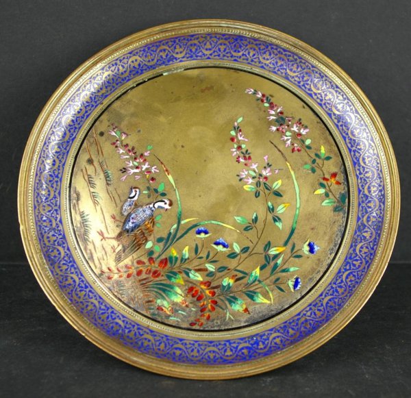 BIRD & FLORAL DESIGN CHAMPLEVE FOOTED DISH, 8in.