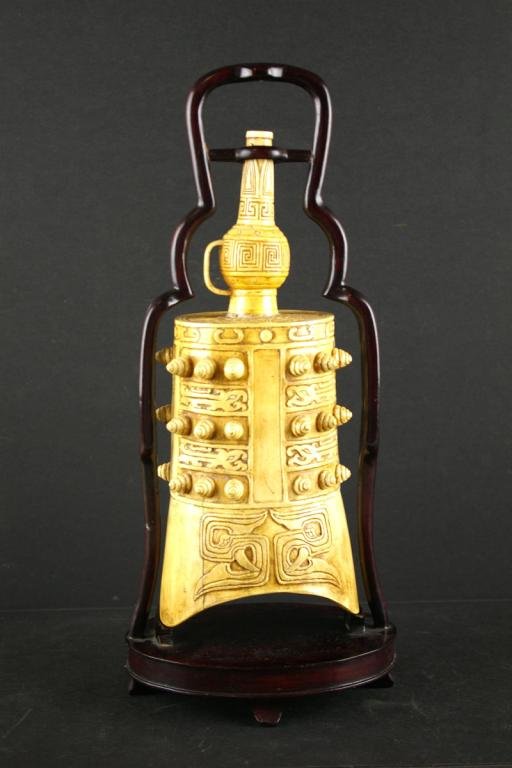 CARVED IVORY TUSK SCULPTURE WITH JUG-FORM FINIAL: tea stained decoration, with custom hardwood display stand, 13in. NO INTERNATIONAL SHIPPING.