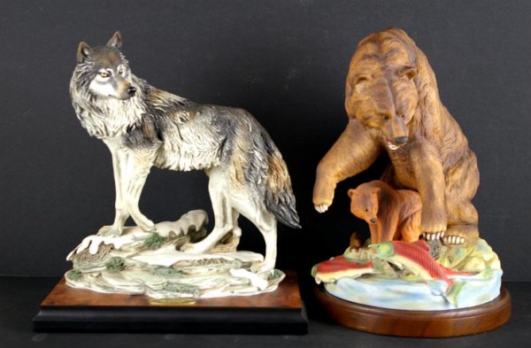 TWO ANIMAL FIGURES OF LARGE SIZE: including a 12" Giuseppe Armani "Lone Wolf" 70/3000, on platform base, and a 12" figural porcelain bear group marked "Bill Ohrmann / 23/900 / Century Porcelain Artist Series", on detached wood base