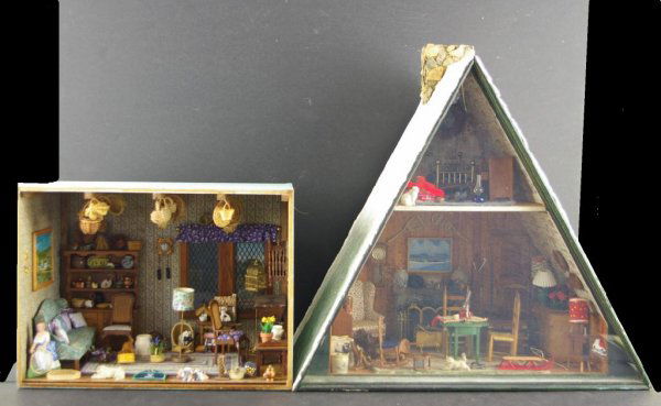 TWO DIORAMAS BY JEANNE W. KNOOP: "A Weekend in Vermont", and "French Country Room", miniatures include a petit-point rug, fireplace with New England winter landscape, dry sink, hutch, splint box, wicker baskets, pug dog, etc., c.1981