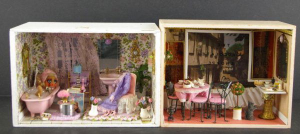 TWO DIORAMAS BY JEANNE W. KNOOP: "Miss Piggy's Bathroom" and "The Chocolate Shoppe", miniatures include Miss Piggy, pink ceramic tub and sink, pink velvet chair with negligee, framed picture of Kermit the Frog, three antique etched g