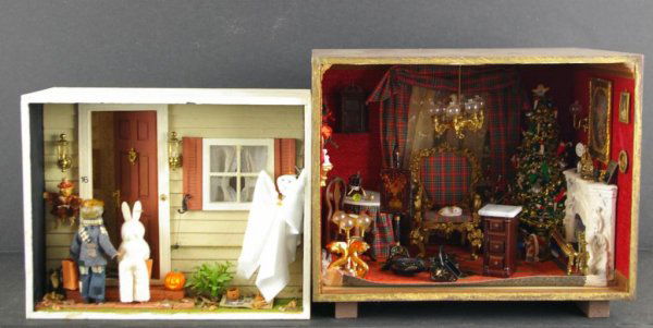 TWO HOLIDAY DIORAMAS BY JEANNE W. KNOOP: "Balmoral Christmas" and "All Hallow's Eve", miniatures include tree with trimmings, plaid armchair, white marble mantel, chandelier, sconces, mahogany moldings, ivory tobacco jar, brass door knocker,