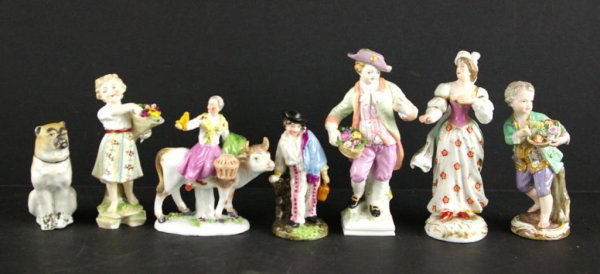 7-PIECE AS-IS CONTINENTAL FIGURINE GROUP: includes examples by KPM & Block, most are as-is with chips, missing flowers, etc.