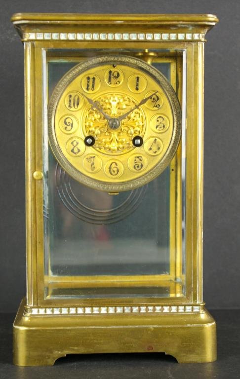 FRENCH CRYSTAL REGULATOR SHELF CLOCK: double mercury pendulum, painted numeral dial, works signed "L. Marti, Made in France", 10x6x5in.