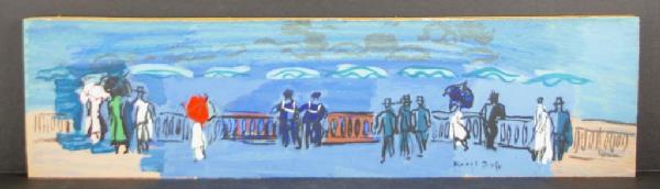 AFTER RAUOL DUFY, La PROMENADE des ANGLAIS: appearing to be a color lithograph laid down on wood, possibly hand embellished, verso with label of Karl Mann Associates, New York, 7.5x28in. Note: High resolution photos are available upon request.