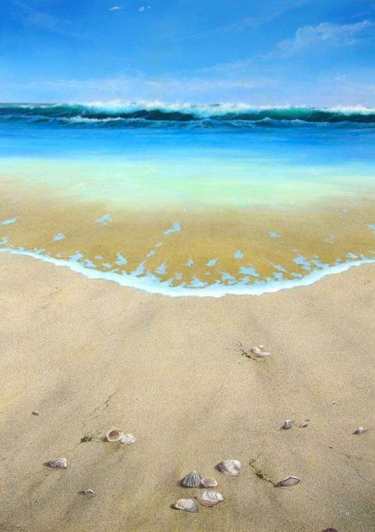 TWO CONTEMPORARY BEACHSCAPE PAINTINGS SIGNED LIN: includes "Veil of Surf" oil on canvas depicting a bird flying near the shore, 24x35in., and "Between the Tides" oil on board depicting seashells along the shore, 29x23in.