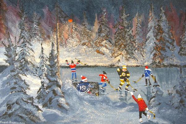 ROBERT DAVID SIMPSON HOCKEY THEMED PAINTING: on panel, signed and dated "Robert Simpson 2000", label of Galerie D'Art B'el Art & Ass., Quebec, Canada, 23x35in.