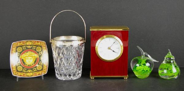 5-PIECE COLLECTIBLE GROUP: includes a 7" Hampton desk clock, a 5" Rosenthal Versace "Medusa" dish, two 4" art glass fruit-form paperweights, and a 9" pressed glass basket