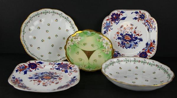 5-PIECE ASSORTED HAND-PAINTED TABLEWARE GROUP: including two 8" Spode plates in Imari palette (one with gilding wear), two 9" enamel-decorated bowls with crown mark, and a 7" artist signed Limoges bowl