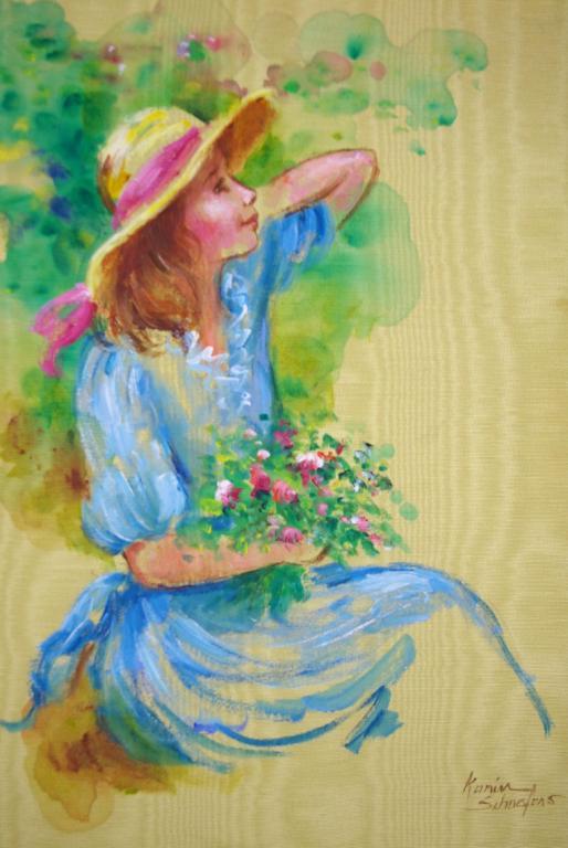KARIN SCHAEFERS (American, b.1942): "Portrait of a Girl with Flowers", acrylic on silk wrapped on canvas, 16x12in.