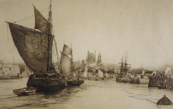 FIVE VINTAGE PRINTS: including Stephen Parrish (American, 1846-1938) pencil signed harborscape, copyrighted 1887, 16x21in., Camille Force (French, 19th/20thC.) pencil signed landscape, copyrighted 1889, 14x10in., a bookpl