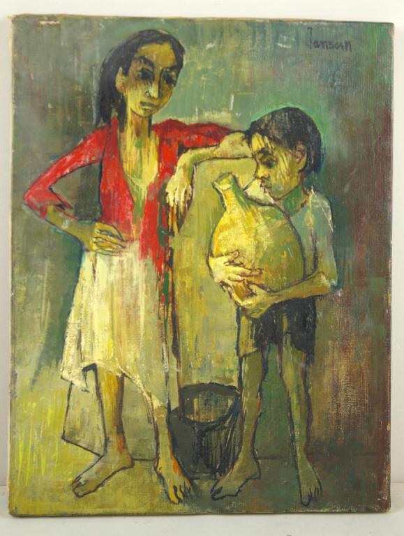 JEAN JANSEM (French, b.1920): "Mother and Child with Jug", oil on canvas, signed, minor puncture at woman's right forearm, 14x10.5in. Provenance: Estate of Herb Zarrow.