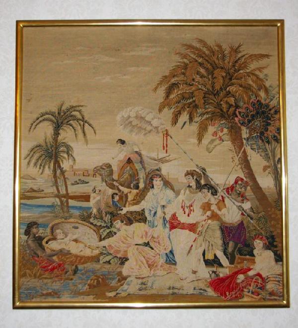 VINTAGE NEEDLEWORK DEPICTING THE FINDING OF MOSES: with some beadwork, label affixed verso reading KOVERKUST EXPORT, 29x27in.
