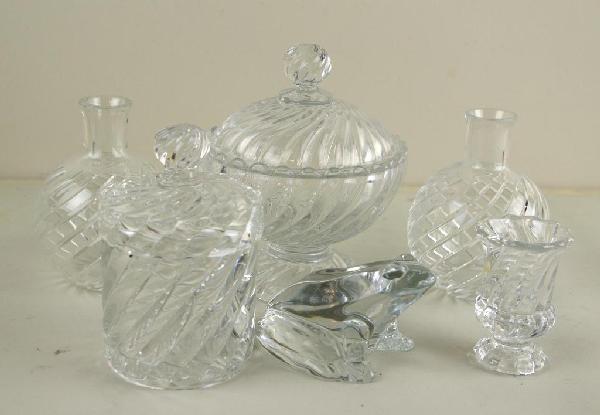 6-PIECE BACCARAT GROUP: including a covered pedestal bowl, a covered jar (nicks under rim of cover), a toothpick holder, a pair of bottle vases, and a frog (flake to one foot), tallest 6in.