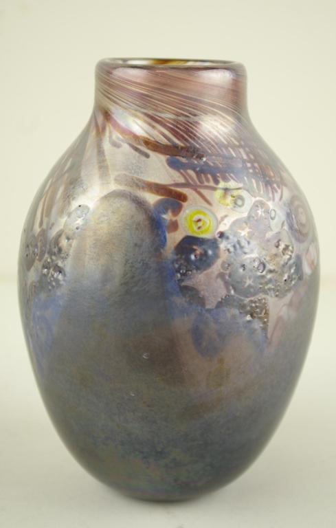 RICHARD RITTER ART GLASS VASE: bulbous form in lavender tone with multicolored millefiore style splashes, signed 'Richard Q. Ritter 1972', 7in.
