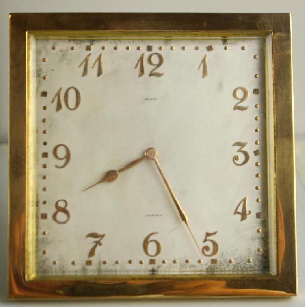 TIFFANY & CO. 8 DAY SWISS DESK CLOCK: beveled glass, on easel stand, 6x6in.