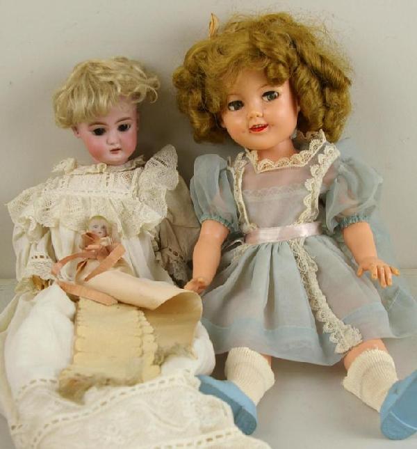 THREE VINTAGE DOLLS: including a 17" Ideal Shirley Temple with flirty eyes in original clothes, a Simon and Halbig bisque head doll #1079 with socket head on jointed composition body, open mouth with teeth, pierced ears,