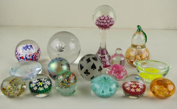 15 SIGNED PAPERWEIGHTS: including St. Clair, Joe St. Clair, Woods, Murano, India, Nikolsk, etc., some illegible, styles include millefiore, florals, card suit, art glass, bubble, etc., tallest 8in.