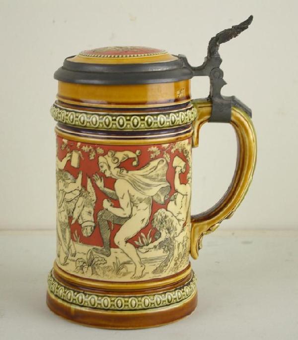 METTLACH 1/2 LITER STEIN # 2035: in Bacchus motif, Villeroy & Boch, 8in.