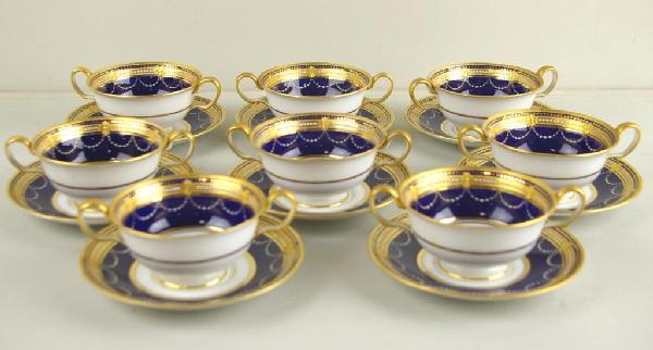 SET OF EIGHT SPODE CREAM SOUPS FOR TIFFANY & CO.: with cobalt banding and gilt trim decoration, marked 'Copeland Jewelled Porcelain Tiffany & Co. New York'