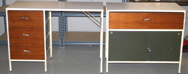 GEORGE NELSON FOR HERMAN MILLER DESK & CREDENZA: each with white laminate top and steelcase frame, the desk with three teakwood drawers, 30x42x17in., the credenza unit with single teakwood drawer above two green-painted sliding doors, 30x33x17in., t