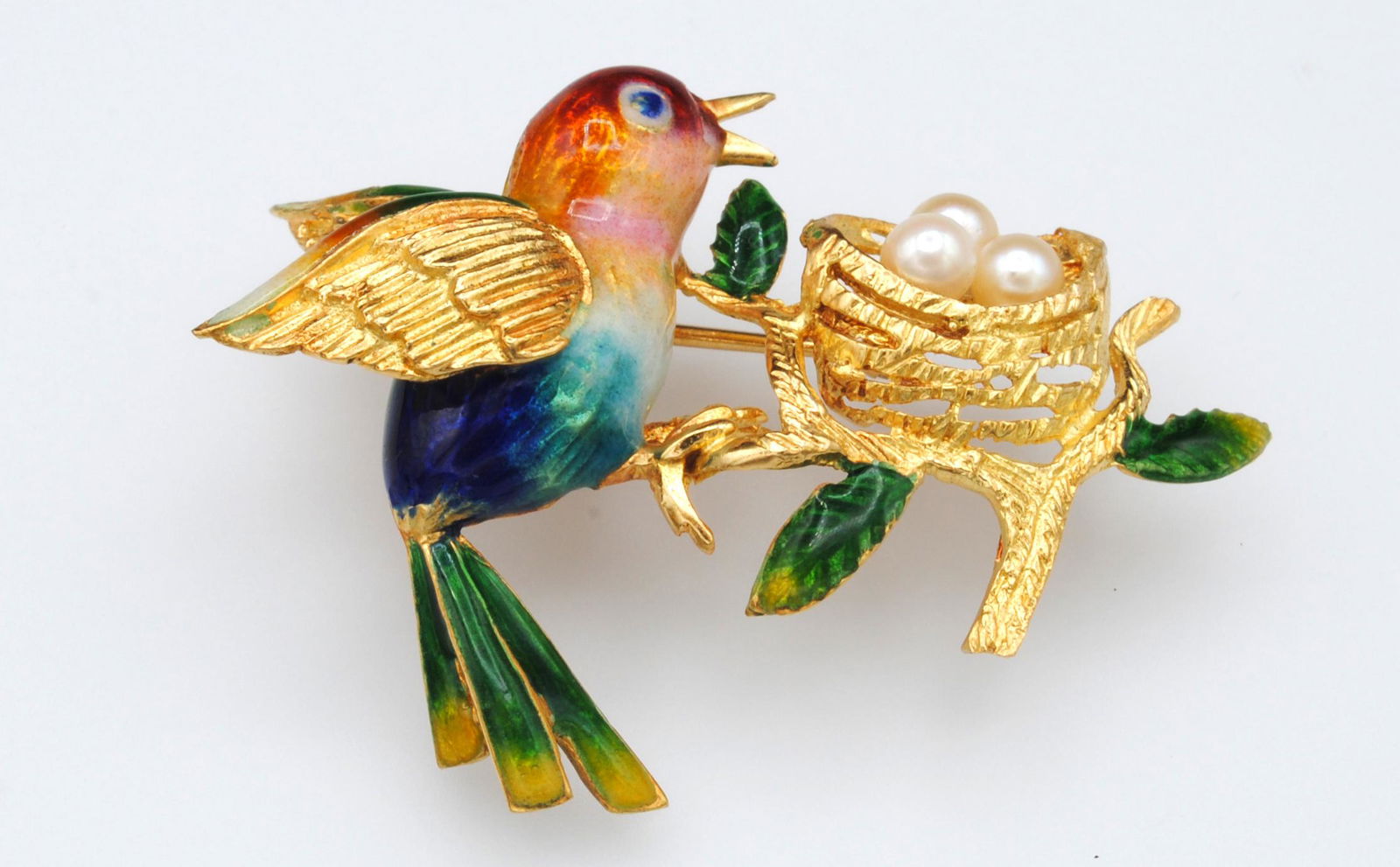 ITALIAN 18K ENAMEL & PEARL BIRD PIN (1 of 2)