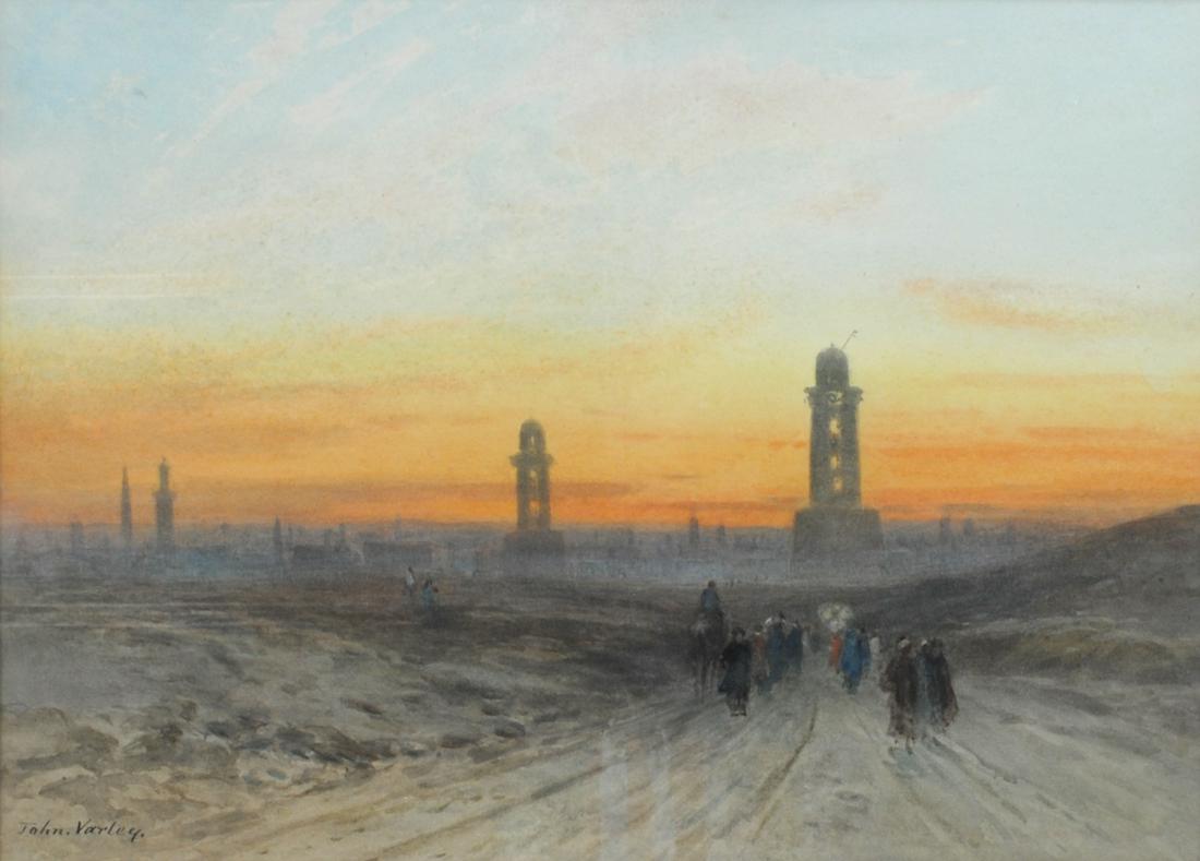 JOHN JR VARLEY (United Kingdom, 1850-1933): Returning from Mecca, watercolor on paper, signed 'John Varley' (lower left), good condition, soiled matting, 10x14in., overall framed 17x20in. (frame scuffs)
