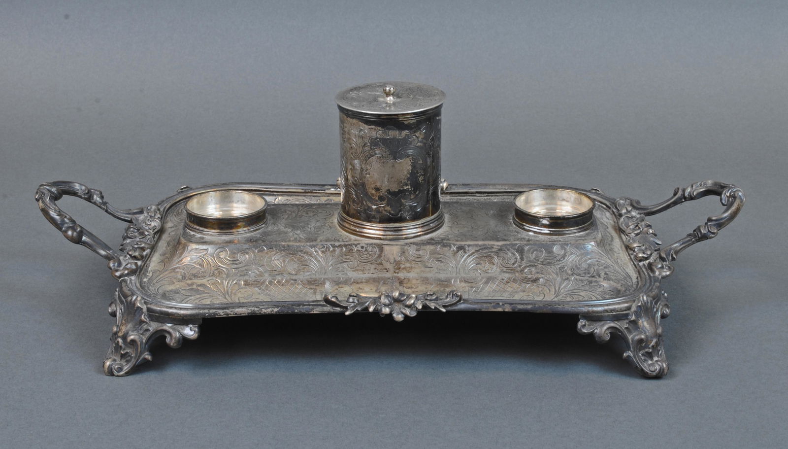 ENGLISH VICTORIAN STERLING DOUBLE INKSTAND (1 of 4)