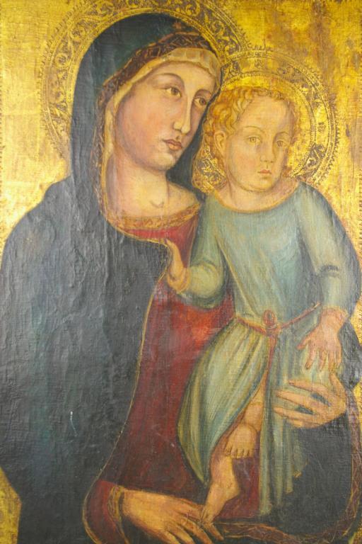 SIENESE SCHOOL MADONNA AND CHILD: tempera on canvas laid down on wood, gold ground, 28x19in.