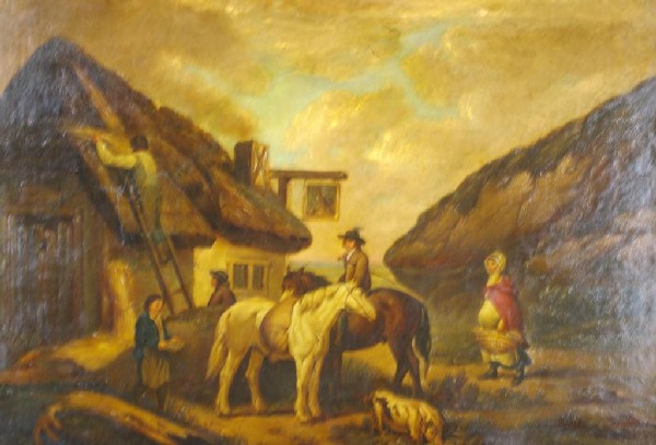 GEORGE MORLAND (British, 1763-1804): "Thatching in the Barnyard", oil on canvas laid down on masonite, signed on the saddlebag "G. Morland 1795", relined, 24x32in. Provenance: Passed down through consignor's family, purportedly from the 