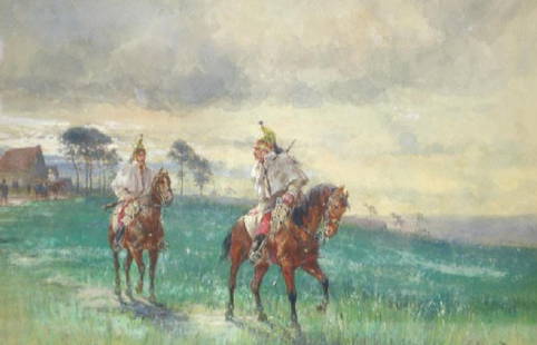 LOUIS EMILE BENASSIT (French, 1833-1902): "Prussian Cavalrymen", watercolor with gouache, signed, verso with part label of Durand Ruel Gallery, Paris/New York, citing artist and illegible title, 10x14in.