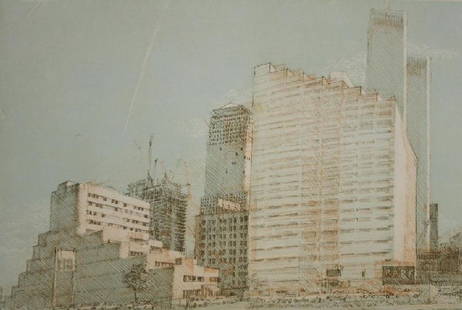 RACKSTRAW DOWNES (b.1939): "Irving Trust College of Insurance and...A Flight into Newark" presented by Price Communications Corporation September 1989, color aquatint and softground etching, pencil initialed, numbered and dated