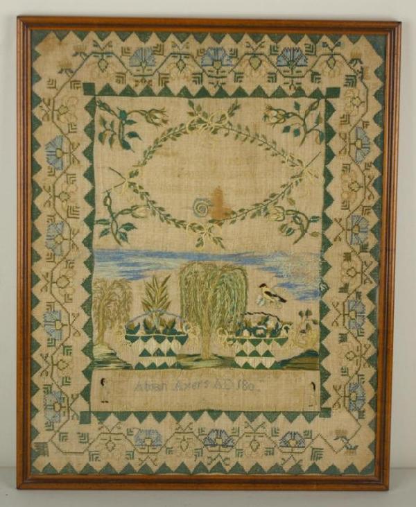 SAMPLER WROUGHT BY ABIAH AYERS: with verse "Know this one truth enough for you to know Virtue alone is happiness below / Garden of Eden / Abiah Ayers AD 180?", 21x16in.